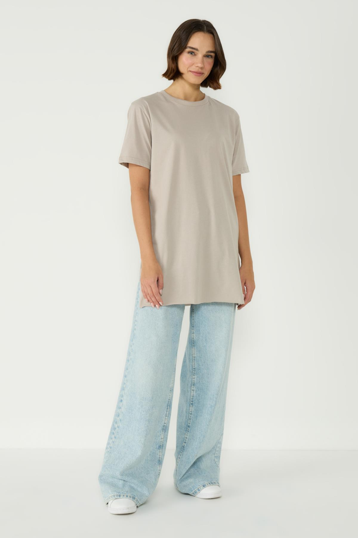 Bisiklet Yaka Yarım Kol Yırtmaçlı 2'li Uzun T-Shirt 963 Haki/Gri