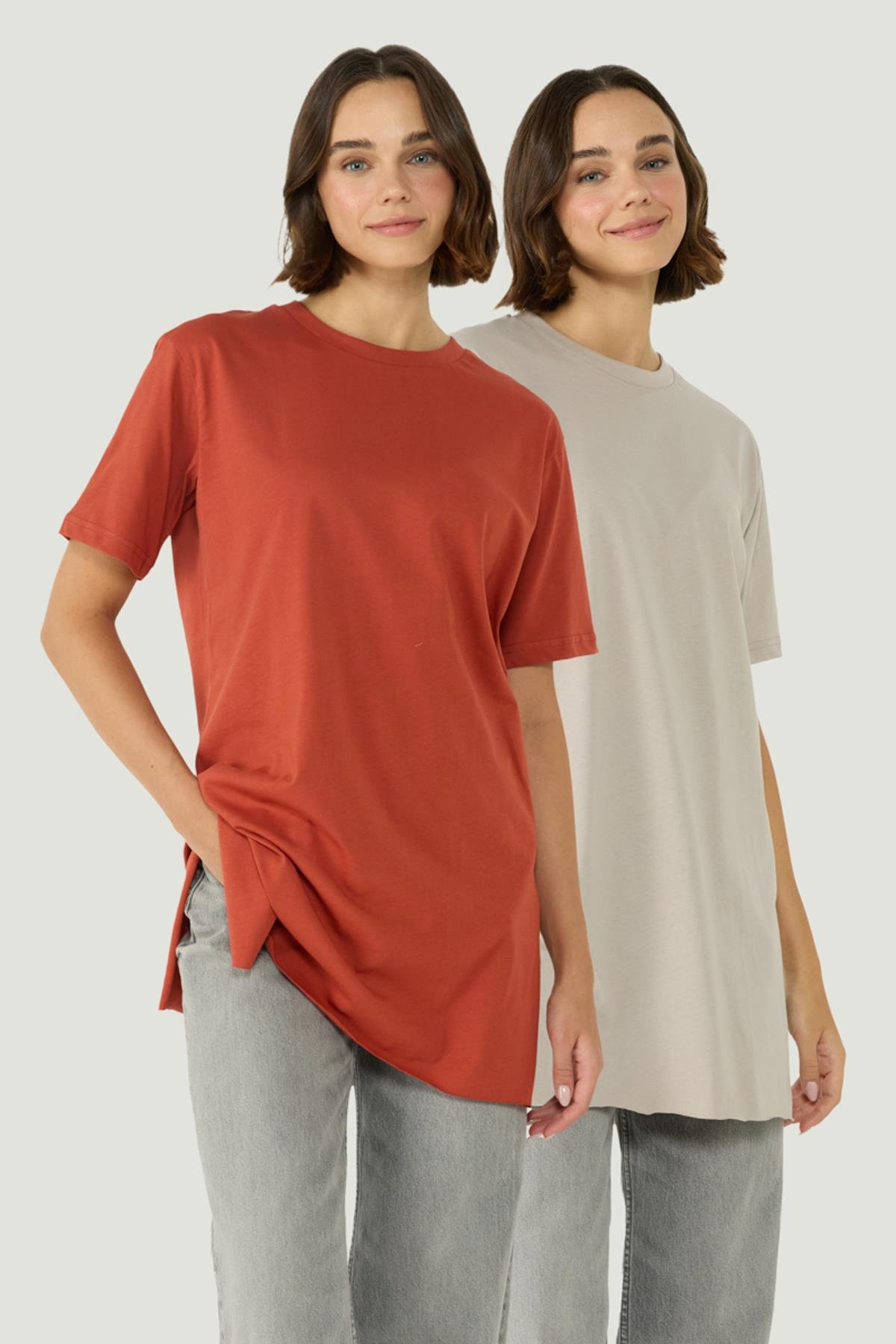 Bisiklet Yaka Yarım Kol Yırtmaçlı 2'li Uzun T-Shirt 963 Gri/Kiremit