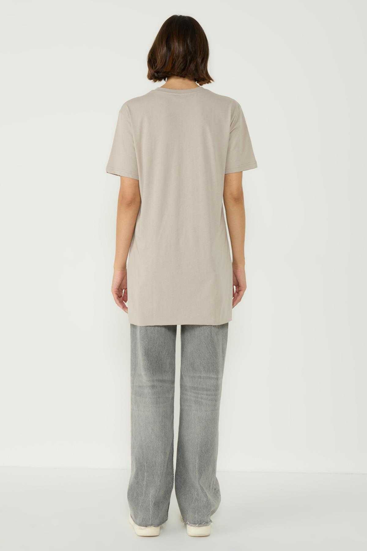 Bisiklet Yaka Yarım Kol Yırtmaçlı 2'li Uzun T-Shirt 963 Gri/Kiremit