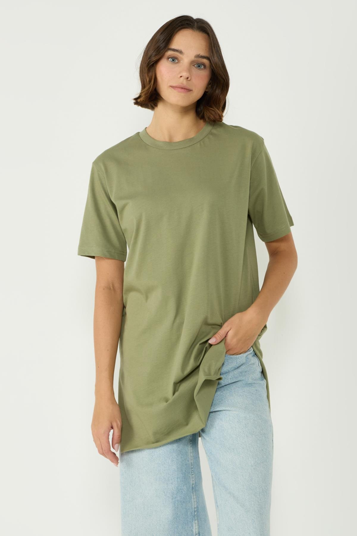 Bisiklet Yaka Yarım Kol Yırtmaçlı 2'li Uzun T-Shirt 963 Haki/Gri