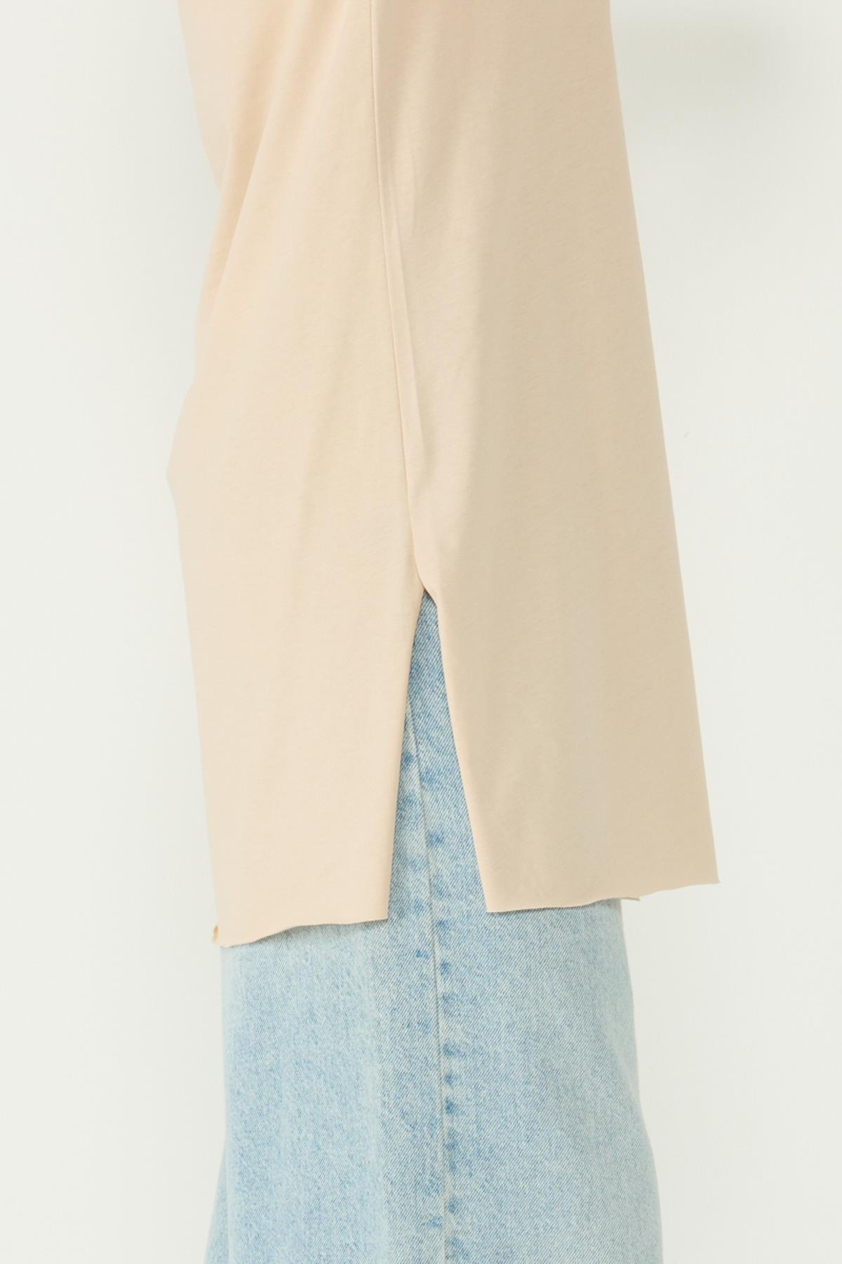 Bisiklet Yaka Yarım Kol Yırtmaçlı 2'li Uzun T-Shirt 963 Bordo/Bej