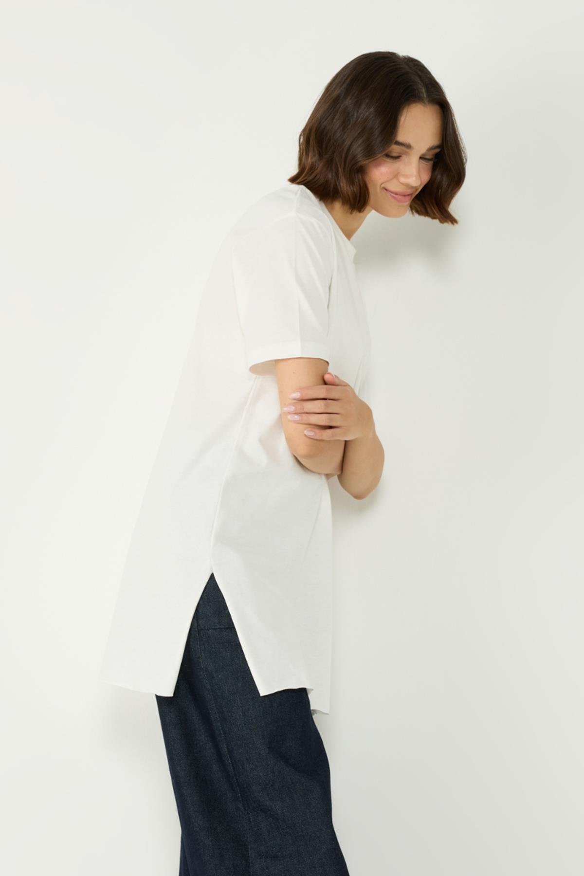 Bisiklet Yaka Yarım Kol Yırtmaçlı 2'li Uzun T-Shirt 963 Ekru/Çağla