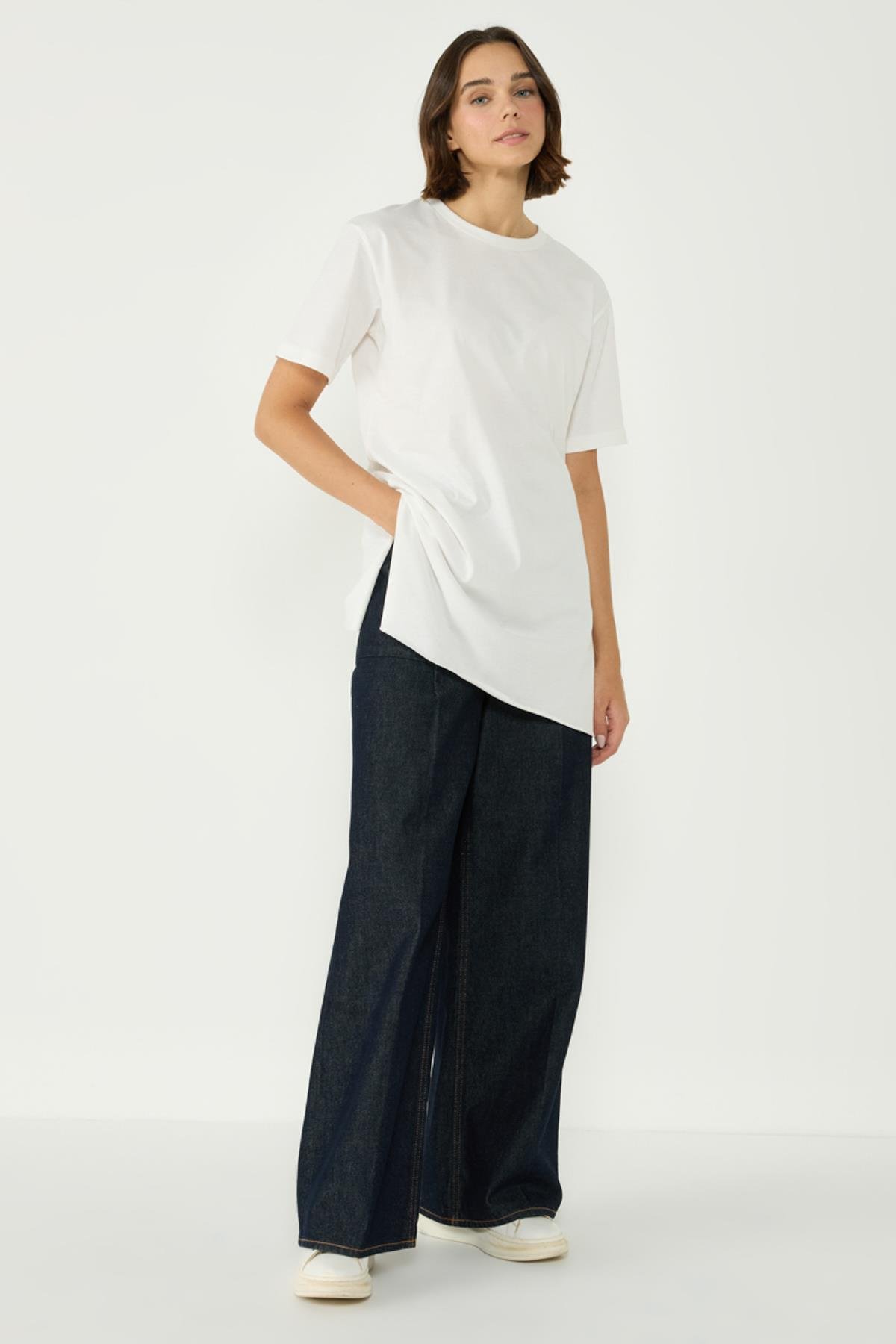 Bisiklet Yaka Yarım Kol Yırtmaçlı 2'li Uzun T-Shirt 963 Ekru/Çağla