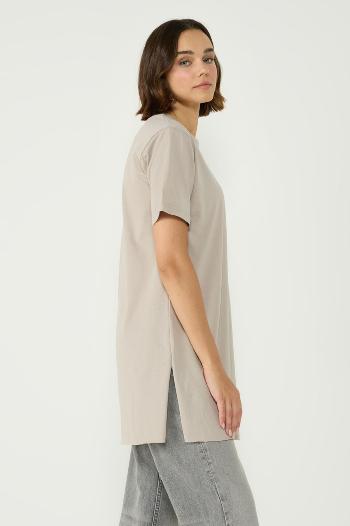 Bisiklet Yaka Yarım Kol Yırtmaçlı 2'li Uzun T-Shirt 963 Gri/Kiremit