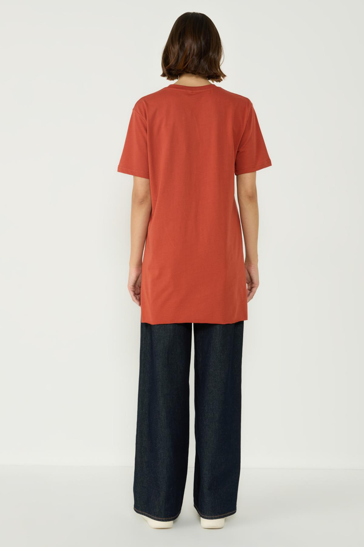 Bisiklet Yaka Yarım Kol Yırtmaçlı 2'li Uzun T-Shirt 963 Bordo/Kiremit