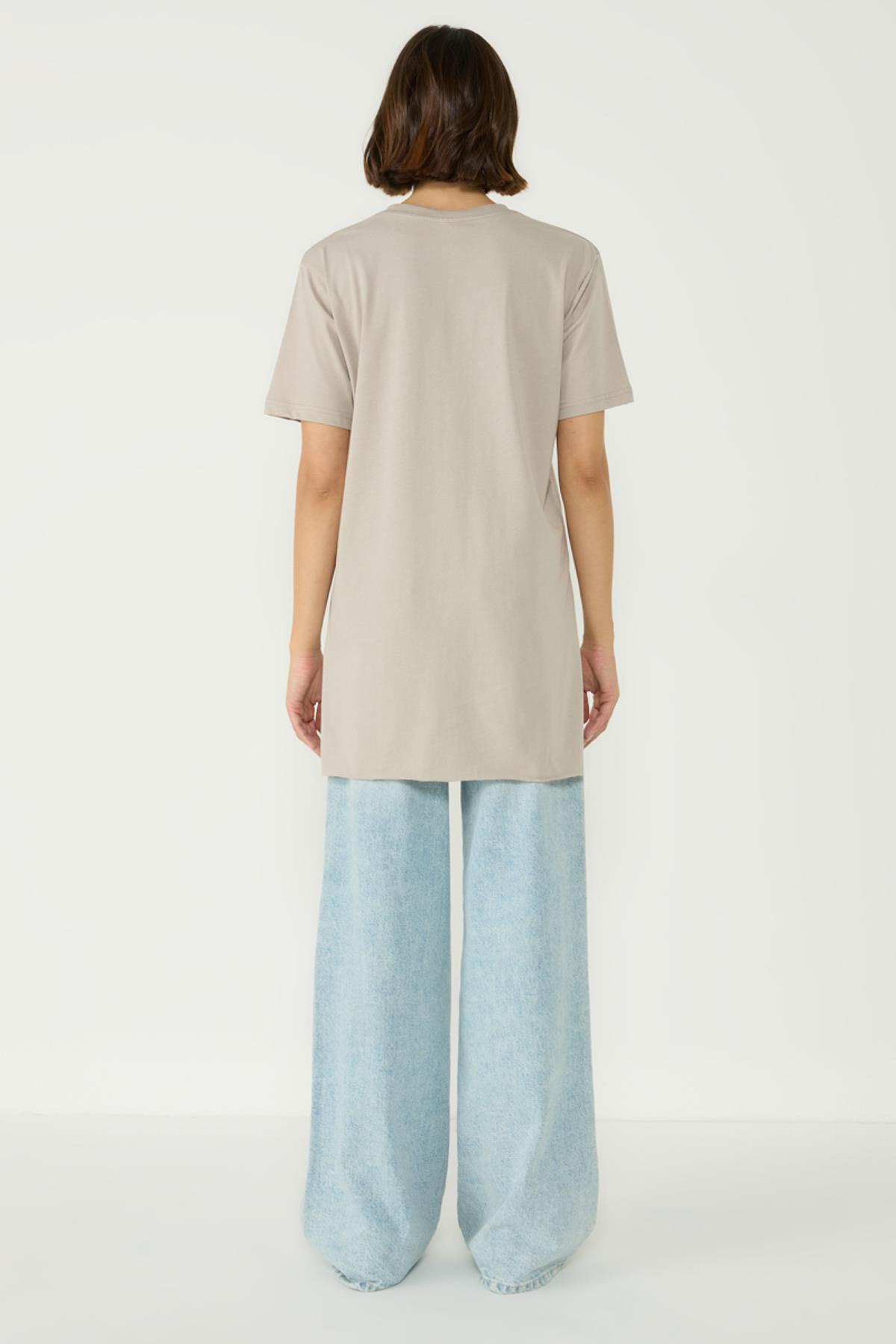 Bisiklet Yaka Yarım Kol Yırtmaçlı 2'li Uzun T-Shirt 963 Haki/Gri