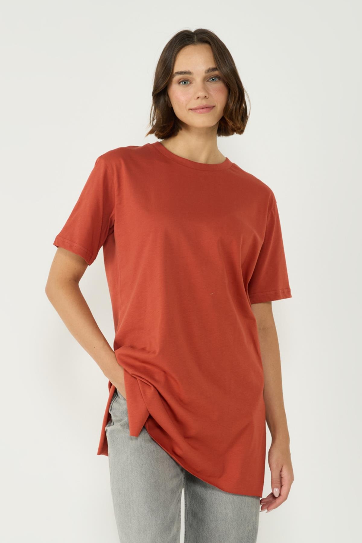 Bisiklet Yaka Yarım Kol Yırtmaçlı 2'li Uzun T-Shirt 963 Gri/Kiremit