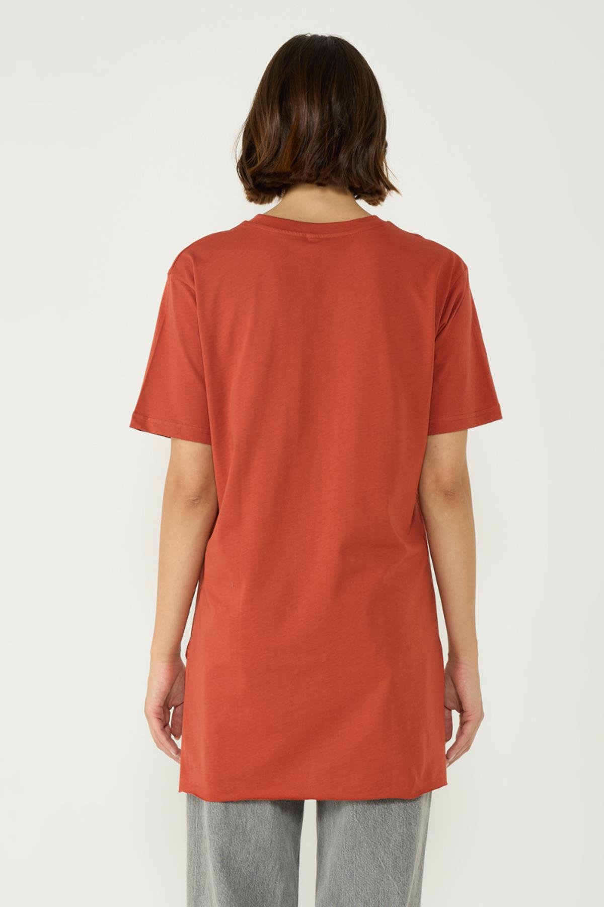 Bisiklet Yaka Yarım Kol Yırtmaçlı 2'li Uzun T-Shirt 963 Gri/Kiremit