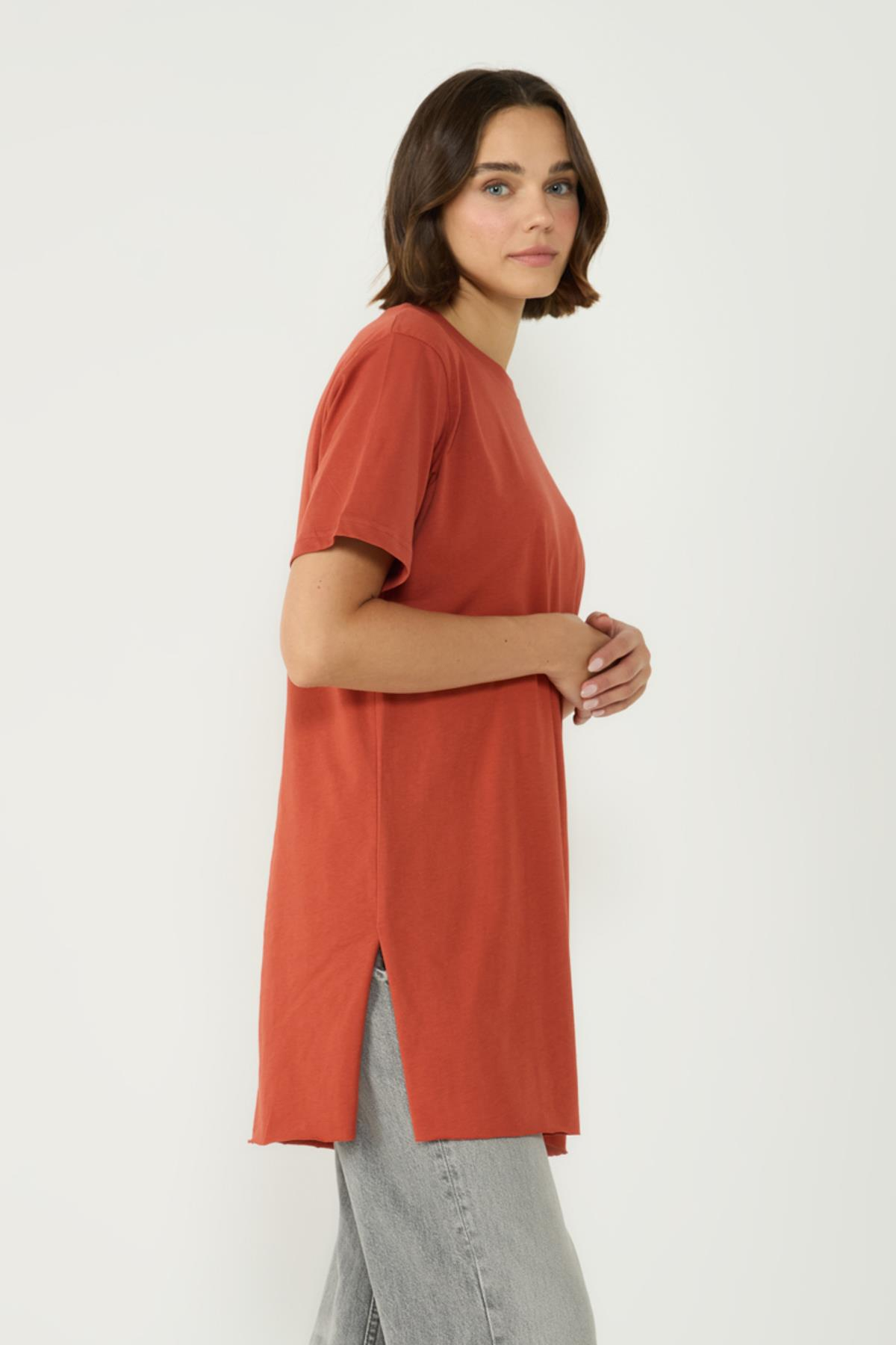 Bisiklet Yaka Yarım Kol Yırtmaçlı 2'li Uzun T-Shirt 963 Gri/Kiremit