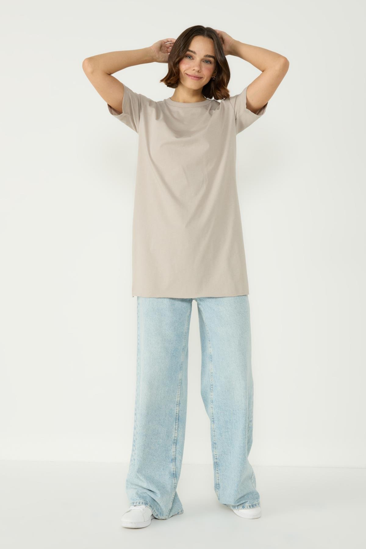 Bisiklet Yaka Yarım Kol Yırtmaçlı 2'li Uzun T-Shirt 963 Haki/Gri