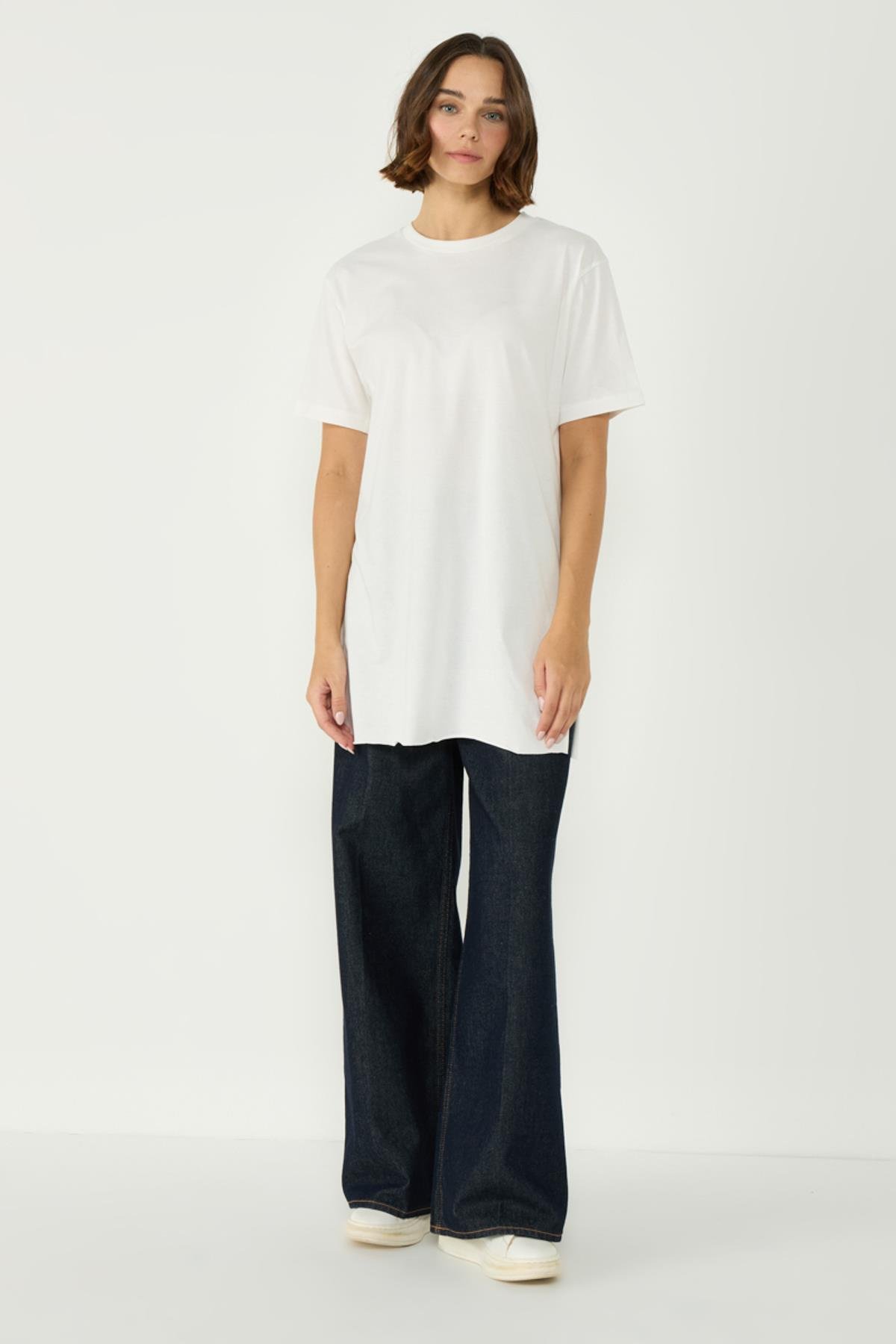 Bisiklet Yaka Yarım Kol Yırtmaçlı 2'li Uzun T-Shirt 963 Ekru/Çağla