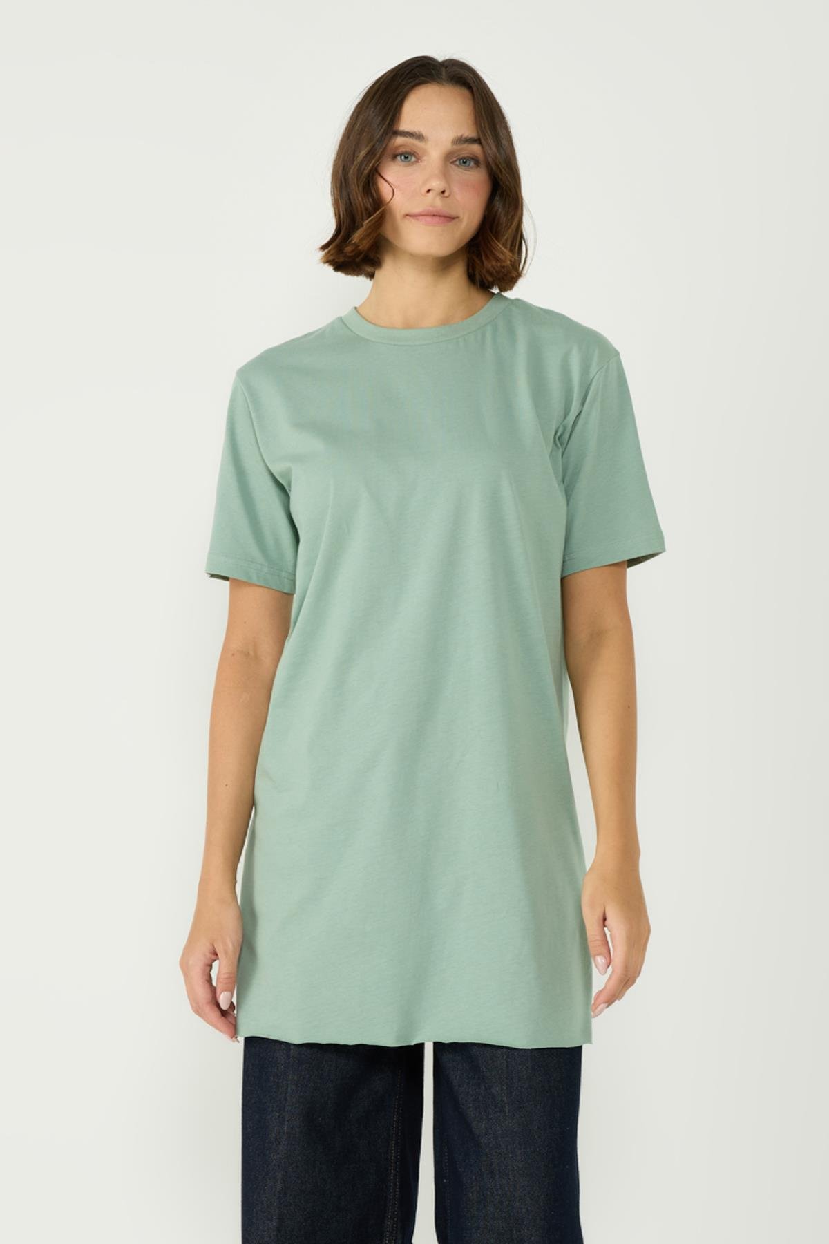 Bisiklet Yaka Yarım Kol Yırtmaçlı 2'li Uzun T-Shirt 963 Ekru/Çağla