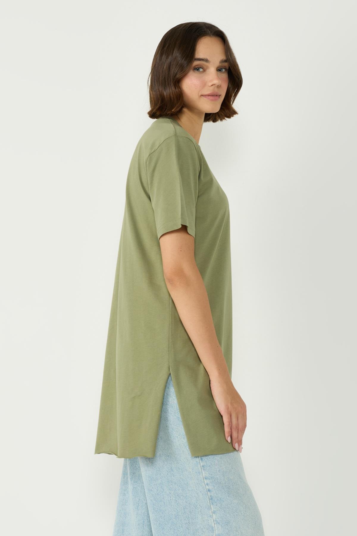 Bisiklet Yaka Yarım Kol Yırtmaçlı 2'li Uzun T-Shirt 963 Haki/Gri