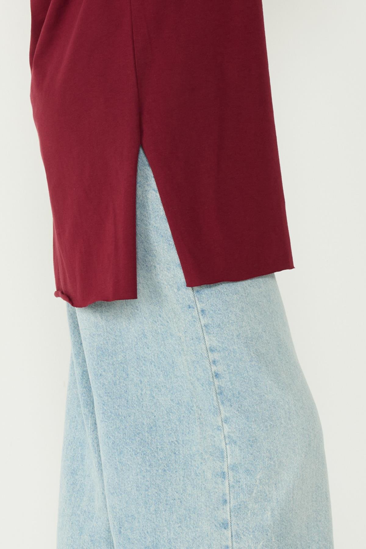 Bisiklet Yaka Yarım Kol Yırtmaçlı 2'li Uzun T-Shirt 963 Bordo/Bej