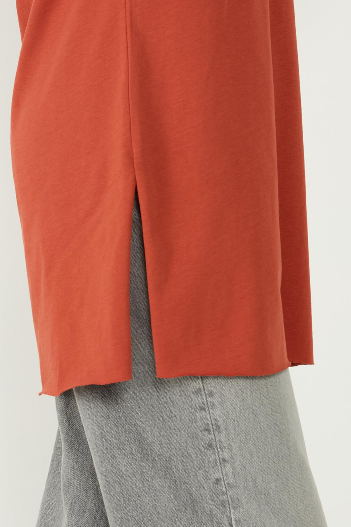 Bisiklet Yaka Yarım Kol Yırtmaçlı 2'li Uzun T-Shirt 963 Gri/Kiremit