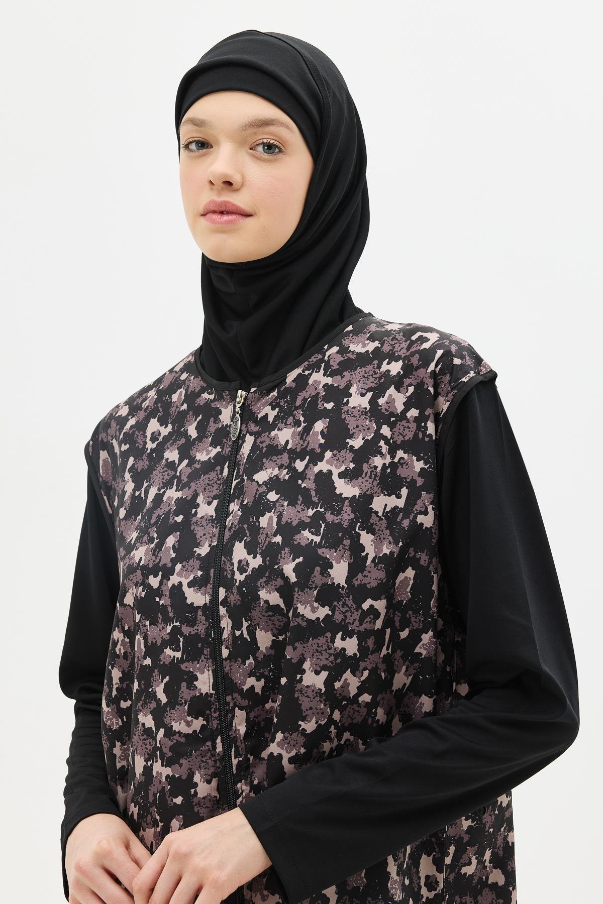 Büyük Beden Paraşüt Kumaş Fermuarlı 4'lü Tesettür Mayo 1403 Siyah