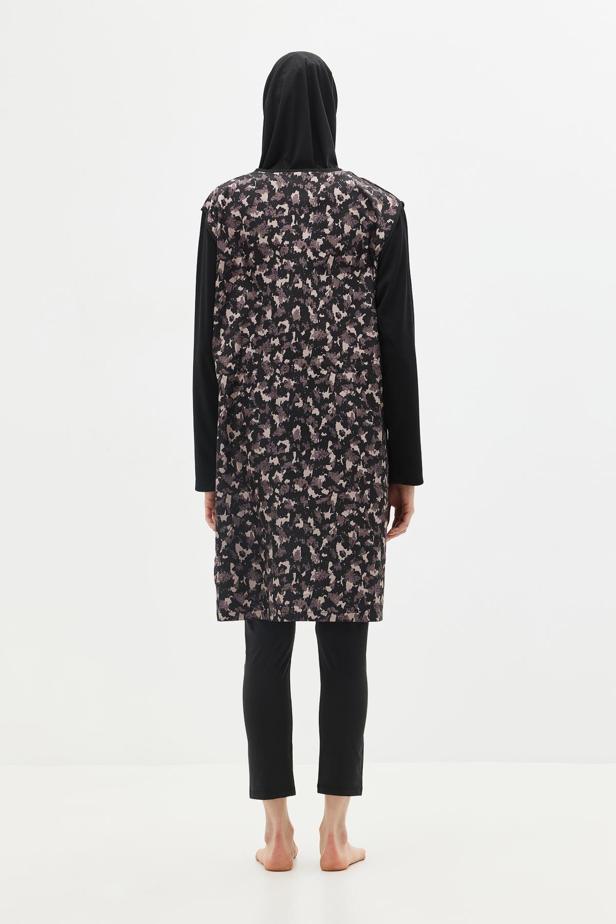 Büyük Beden Paraşüt Kumaş Fermuarlı 4'lü Tesettür Mayo 1403 Siyah