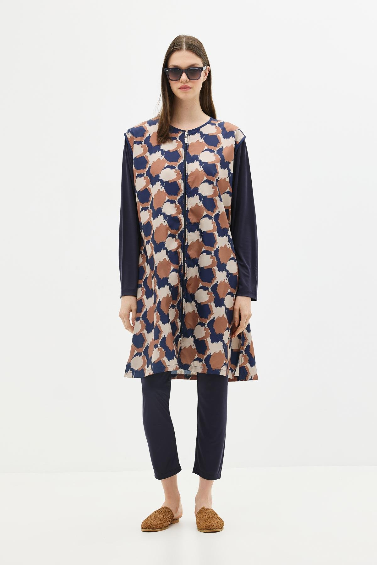 Büyük Beden Paraşüt Kumaş Fermuarlı 4'lü Tesettür Mayo 1403 Koyu Lacivert