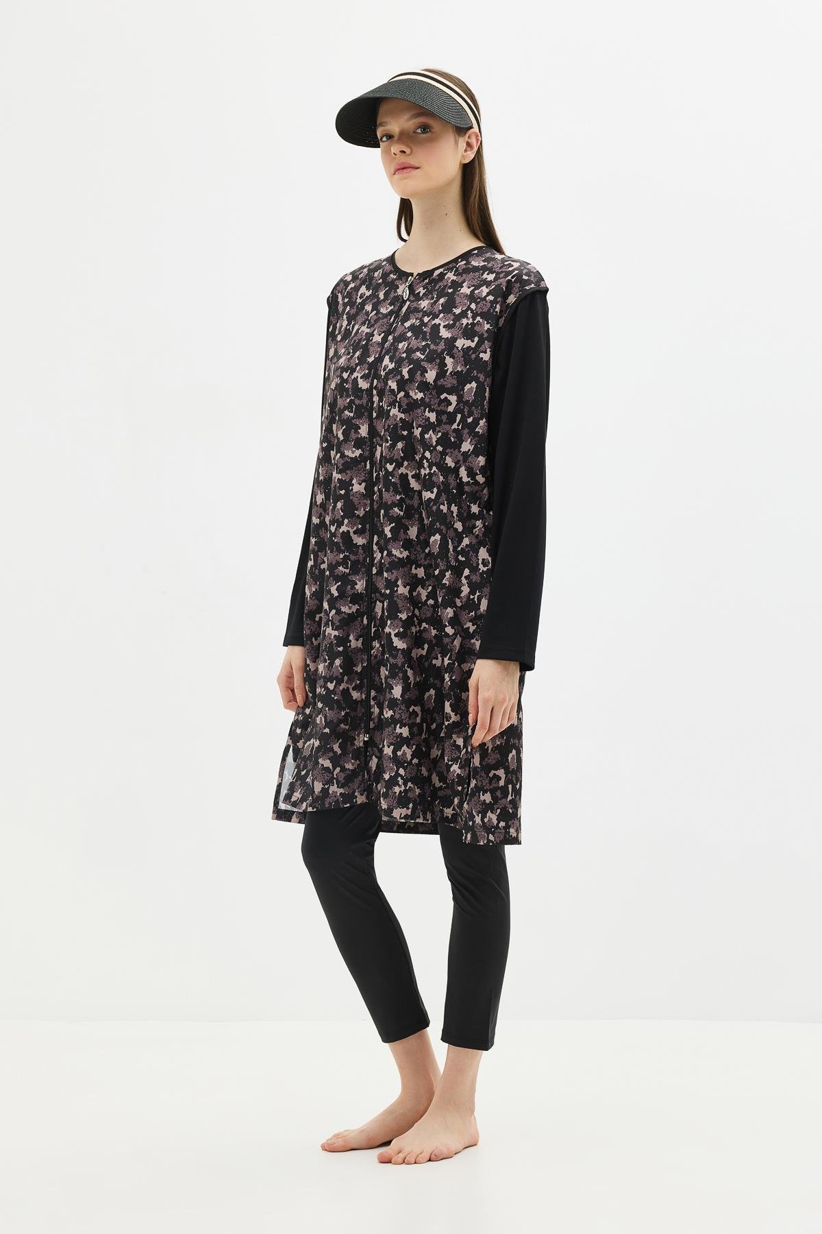 Büyük Beden Paraşüt Kumaş Fermuarlı 4'lü Tesettür Mayo 1403 Siyah