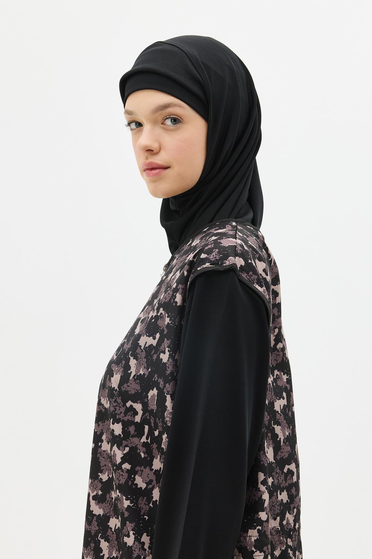 Büyük Beden Paraşüt Kumaş Fermuarlı 4'lü Tesettür Mayo 1403 Siyah