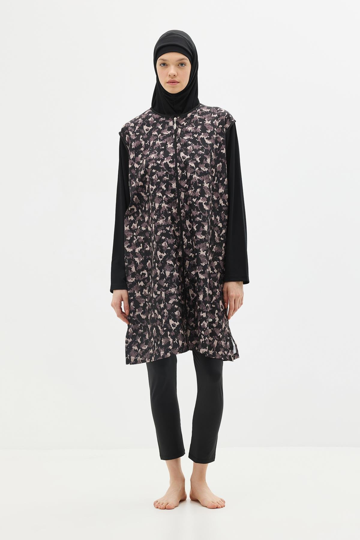 Büyük Beden Paraşüt Kumaş Fermuarlı 4'lü Tesettür Mayo 1403 Siyah