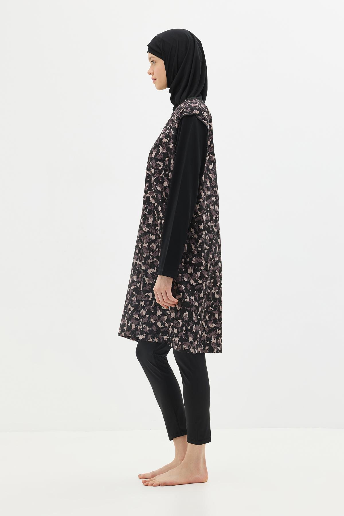 Büyük Beden Paraşüt Kumaş Fermuarlı 4'lü Tesettür Mayo 1403 Siyah