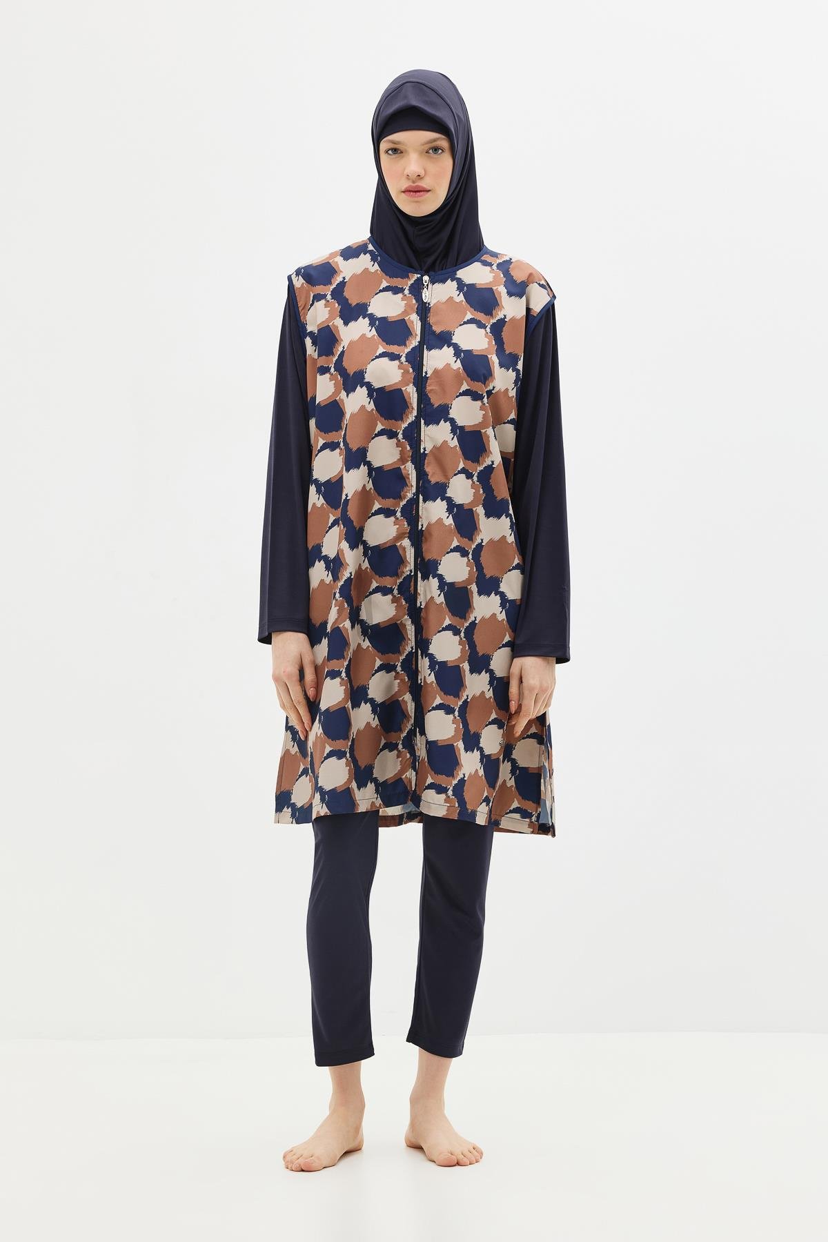 Büyük Beden Paraşüt Kumaş Fermuarlı 4'lü Tesettür Mayo 1403 Koyu Lacivert