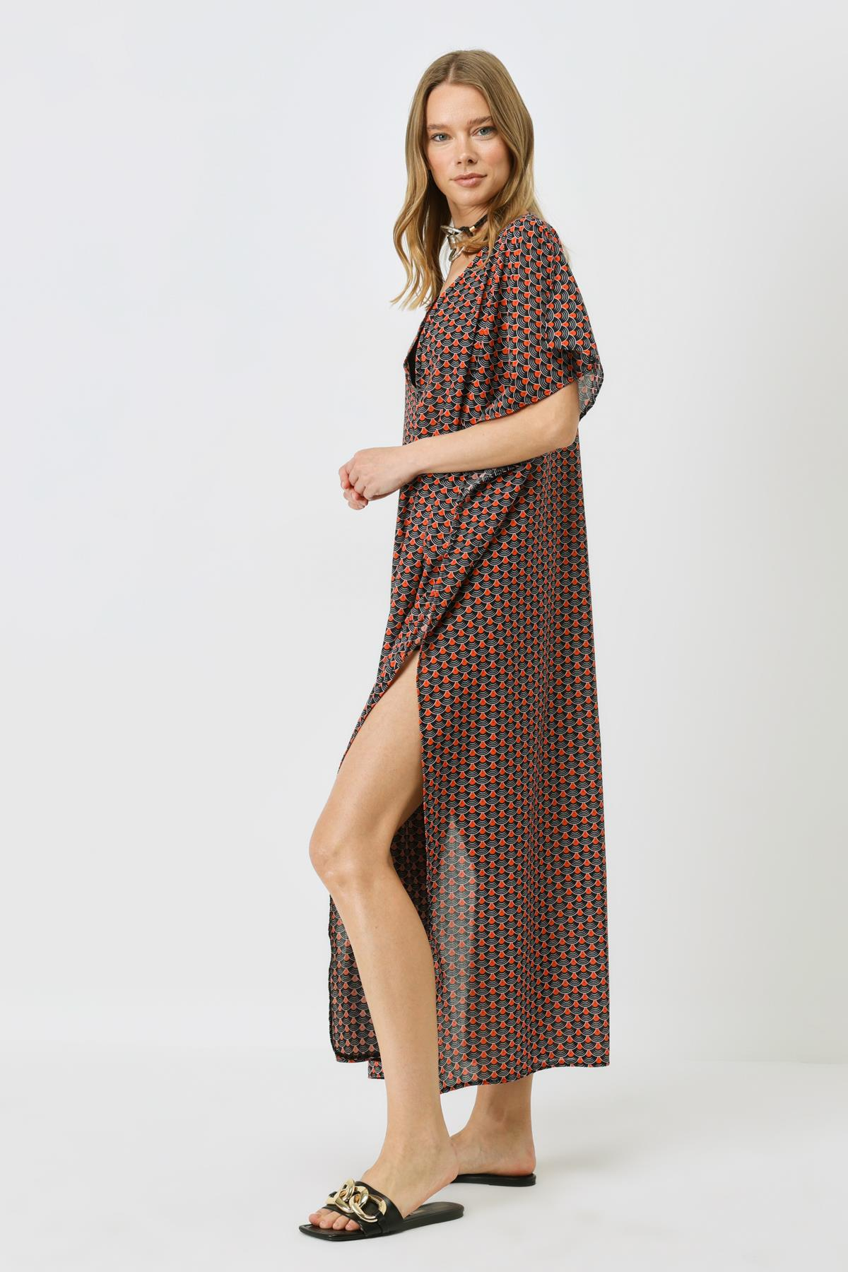 Büyük Beden Pareo Plaj Elbisesi 22330 Siyah/Kremit