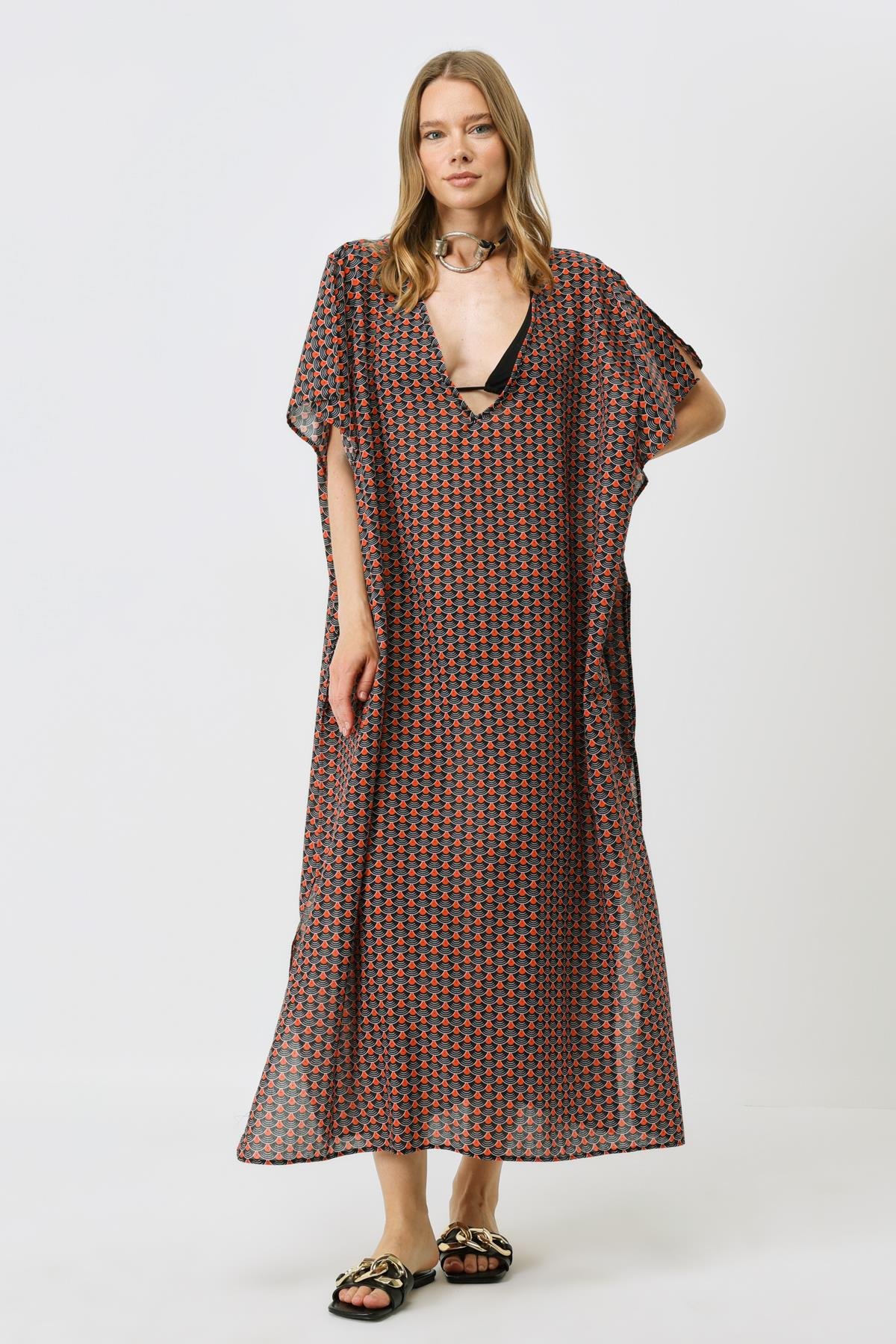 Büyük Beden Pareo Plaj Elbisesi 22330 Siyah/Kremit