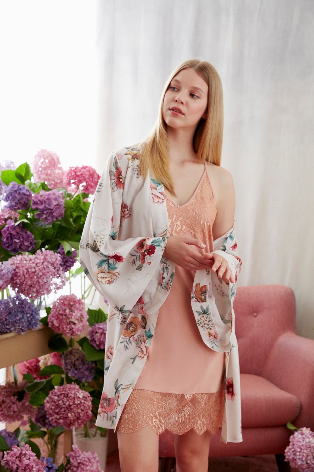 Catherines 1619 Kadın Sabahlık Pijama Takım Bej/Somon