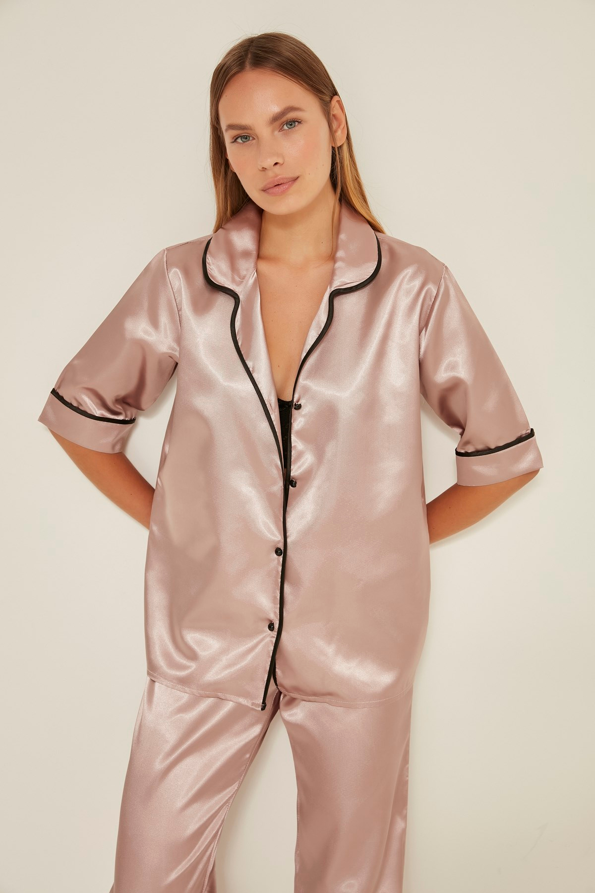 C&City 030 Kadın Saten Kısa Kol Pijama Takım Vizon