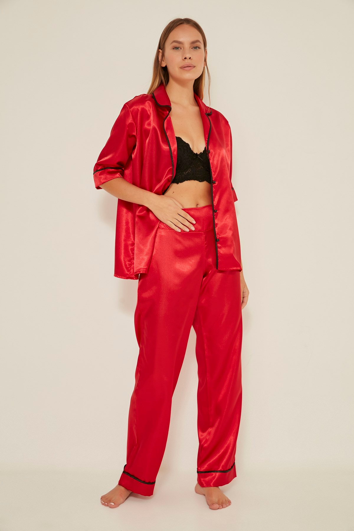 C&City 030 Kadın Saten Kısa Kol Pijama Takım Kırmızı