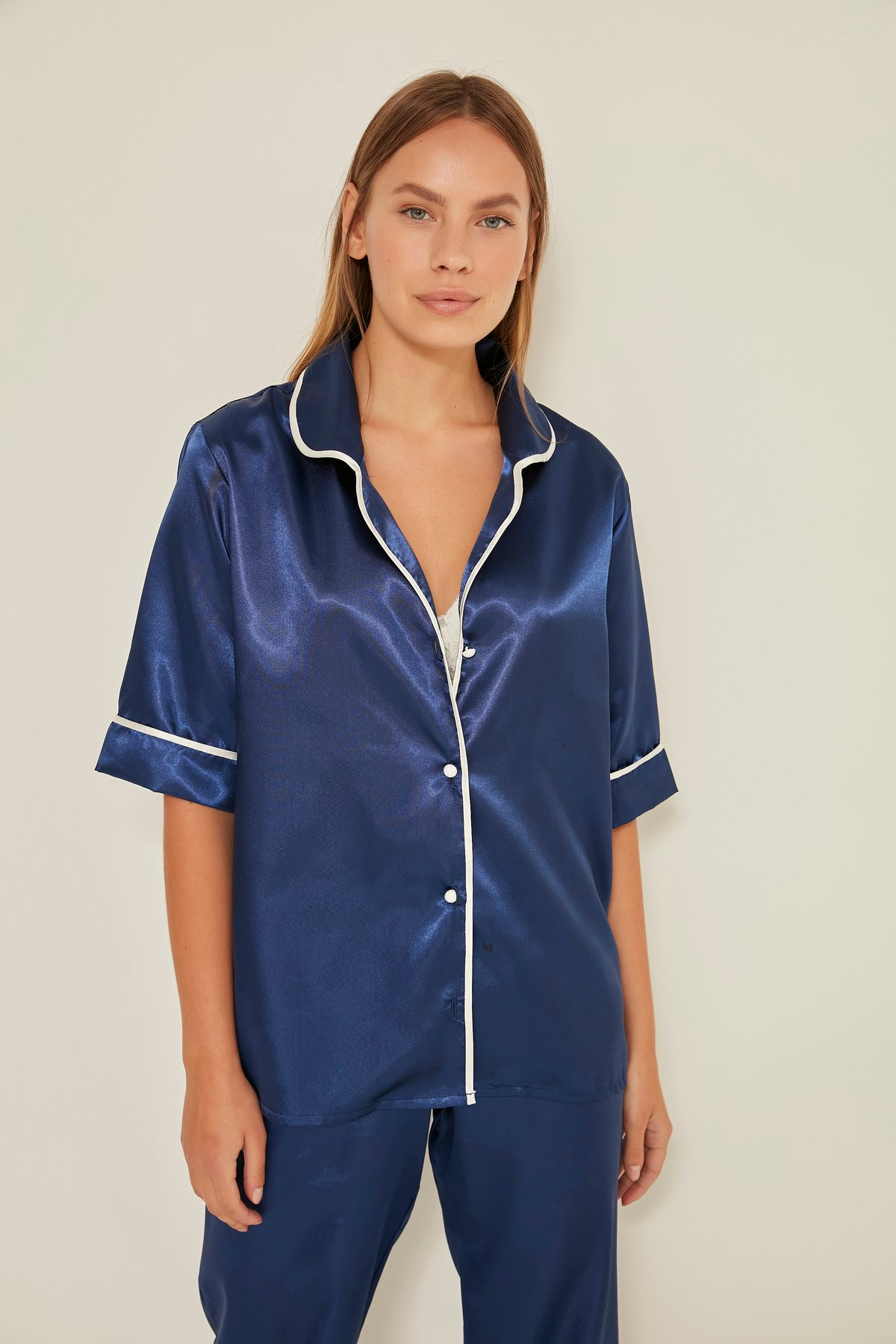 C&City 030 Kadın Saten Kısa Kol Pijama Takım Lacivert