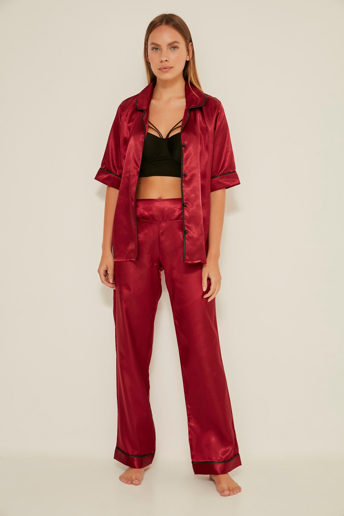 C&City 030 Kadın Saten Kısa Kol Pijama Takım Bordo