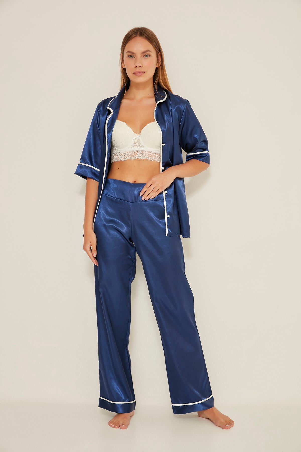 C&City 030 Kadın Saten Kısa Kol Pijama Takım Lacivert