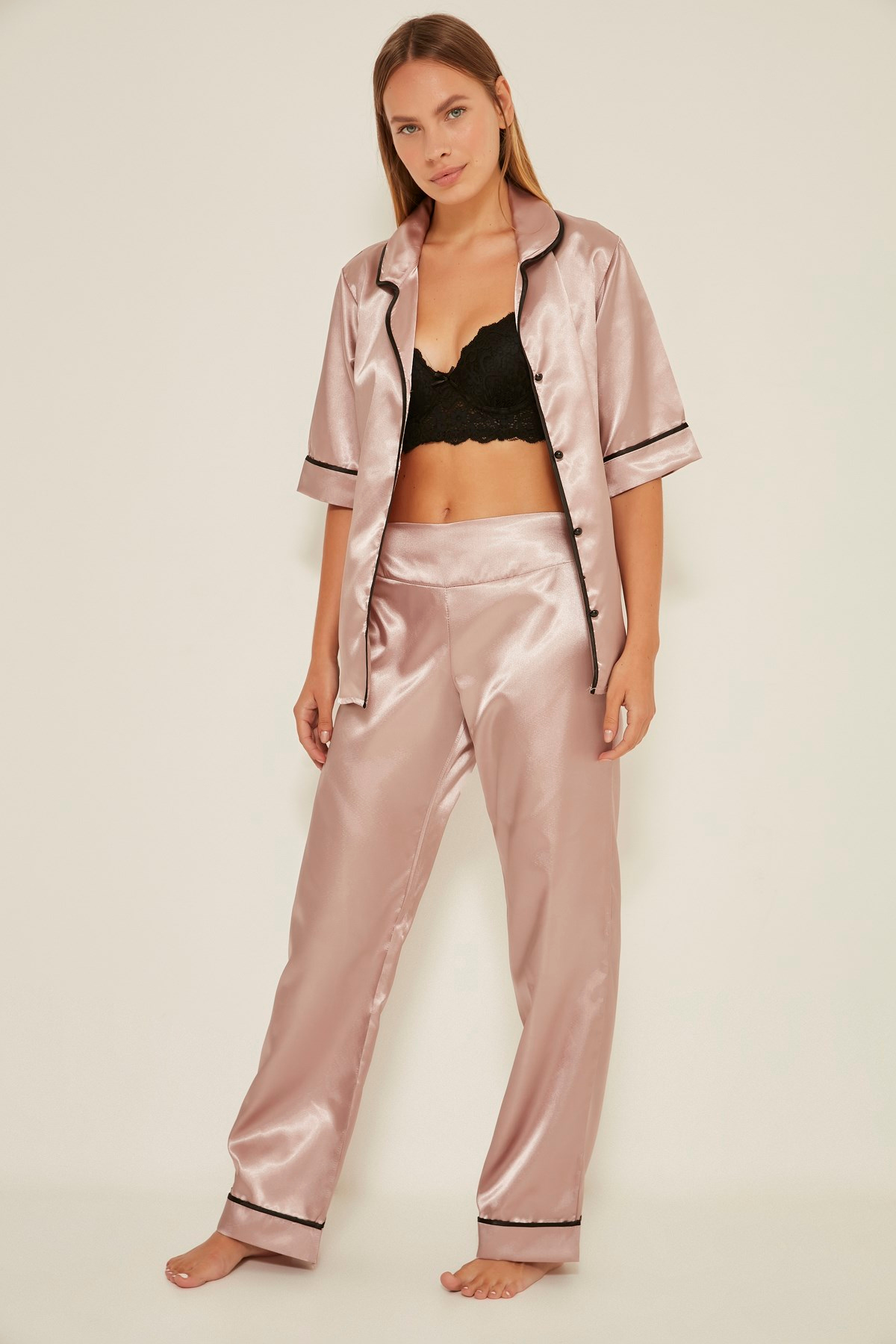 C&City 030 Kadın Saten Kısa Kol Pijama Takım Vizon