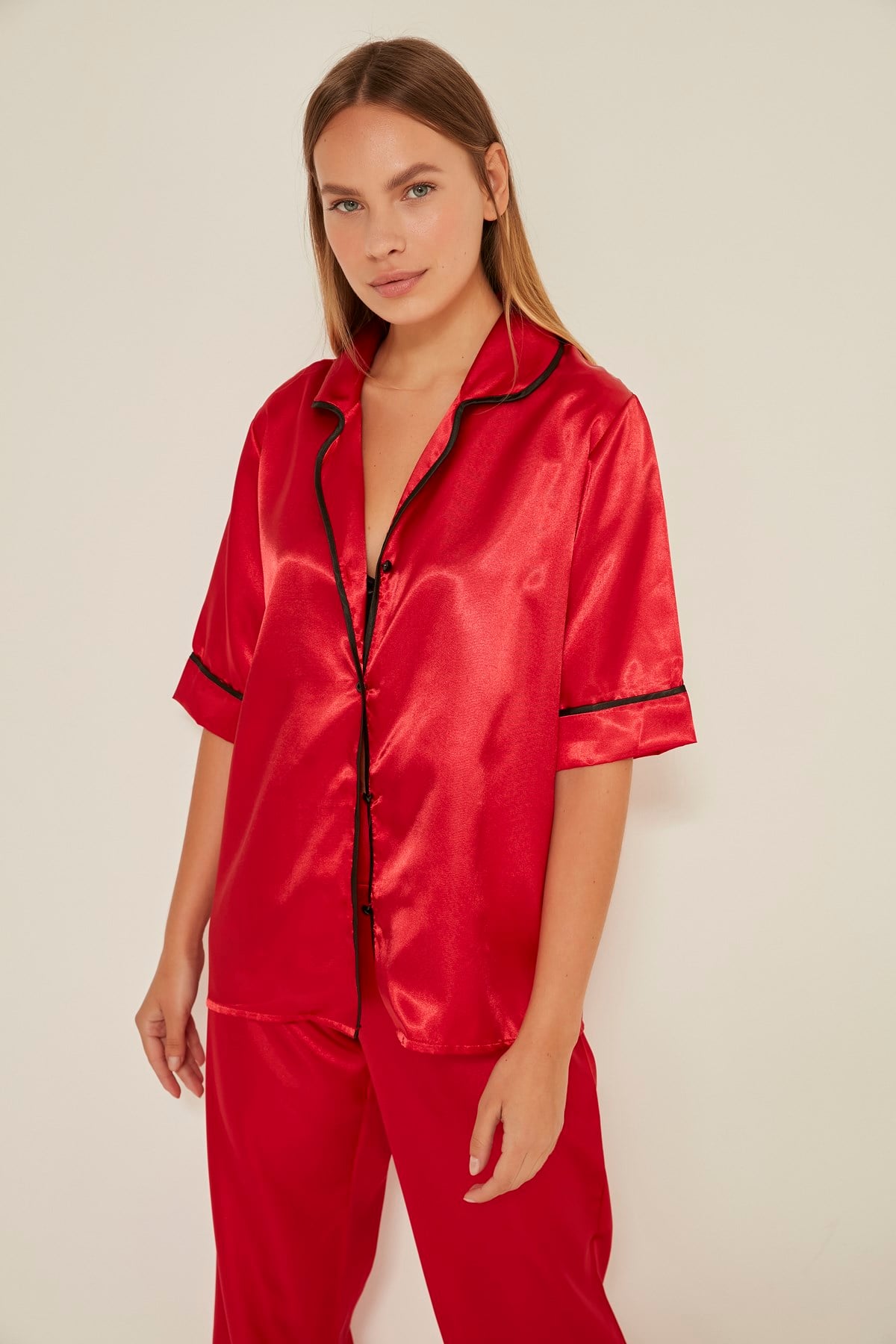 C&City 030 Kadın Saten Kısa Kol Pijama Takım Kırmızı