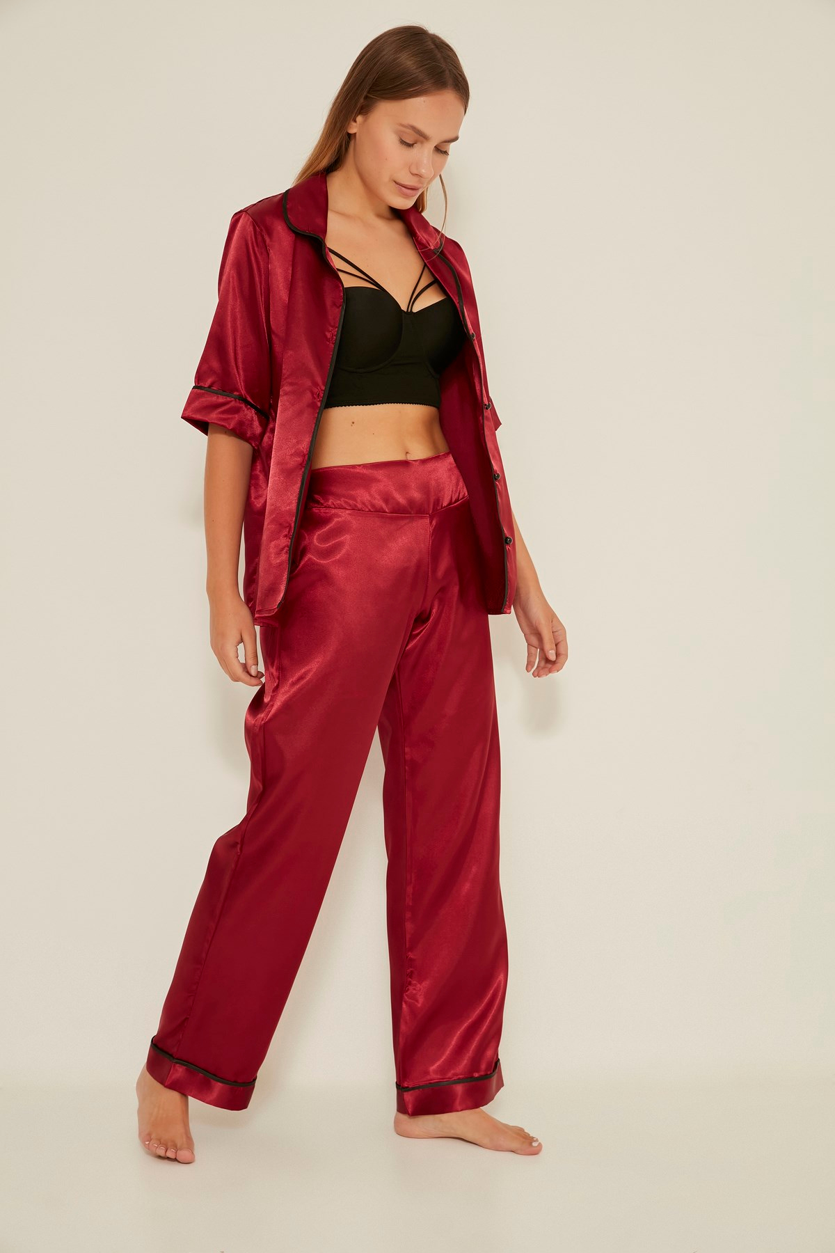 C&City 030 Kadın Saten Kısa Kol Pijama Takım Bordo