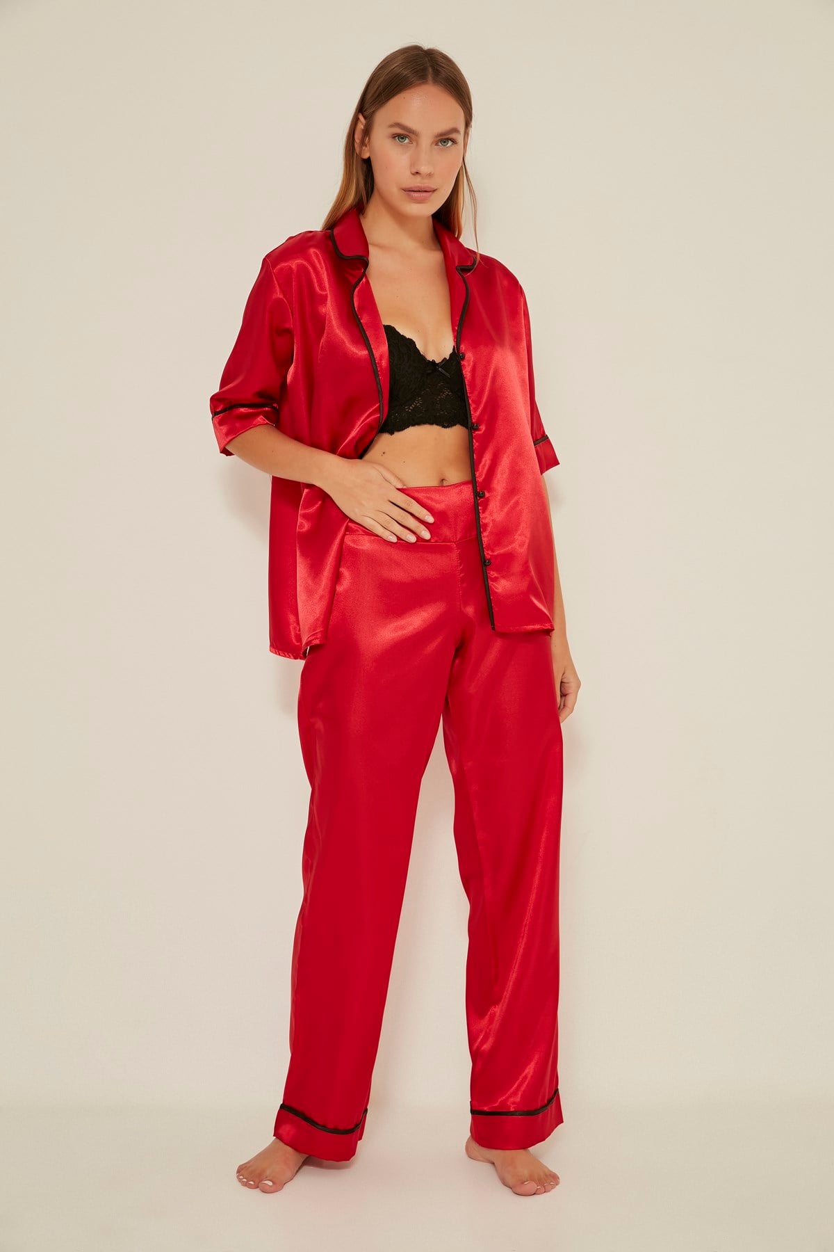 C&City 030 Kadın Saten Kısa Kol Pijama Takım Kırmızı