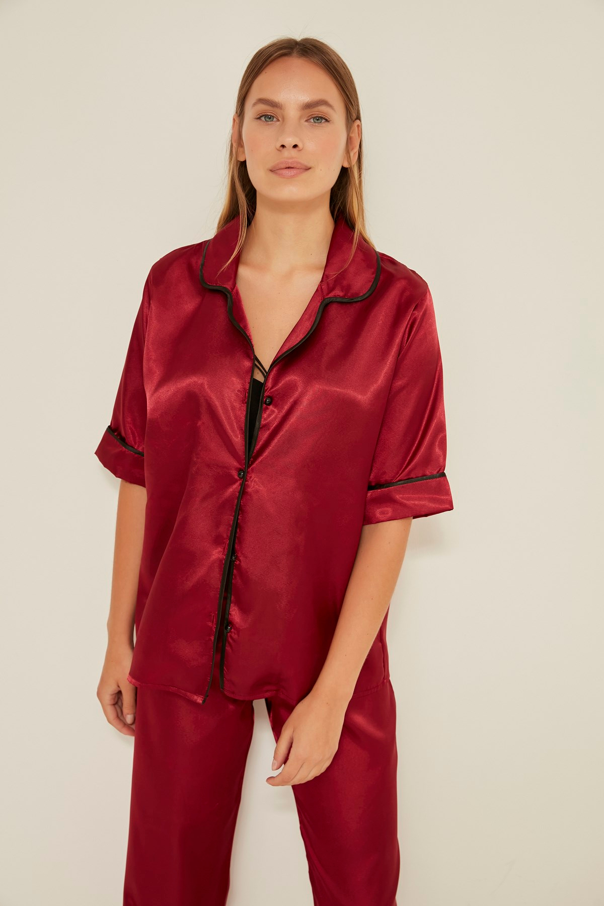 C&City 030 Kadın Saten Kısa Kol Pijama Takım Bordo