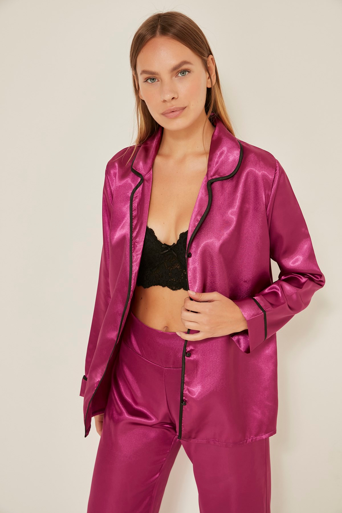 C&City 035 Kadın Saten Uzun Kol Pijama Takım Mor