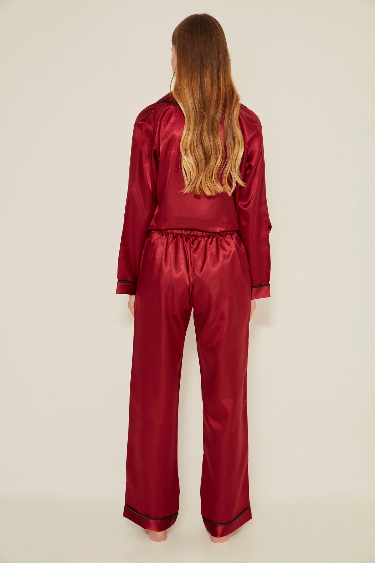 C&City 035 Kadın Saten Uzun Kol Pijama Takım Bordo