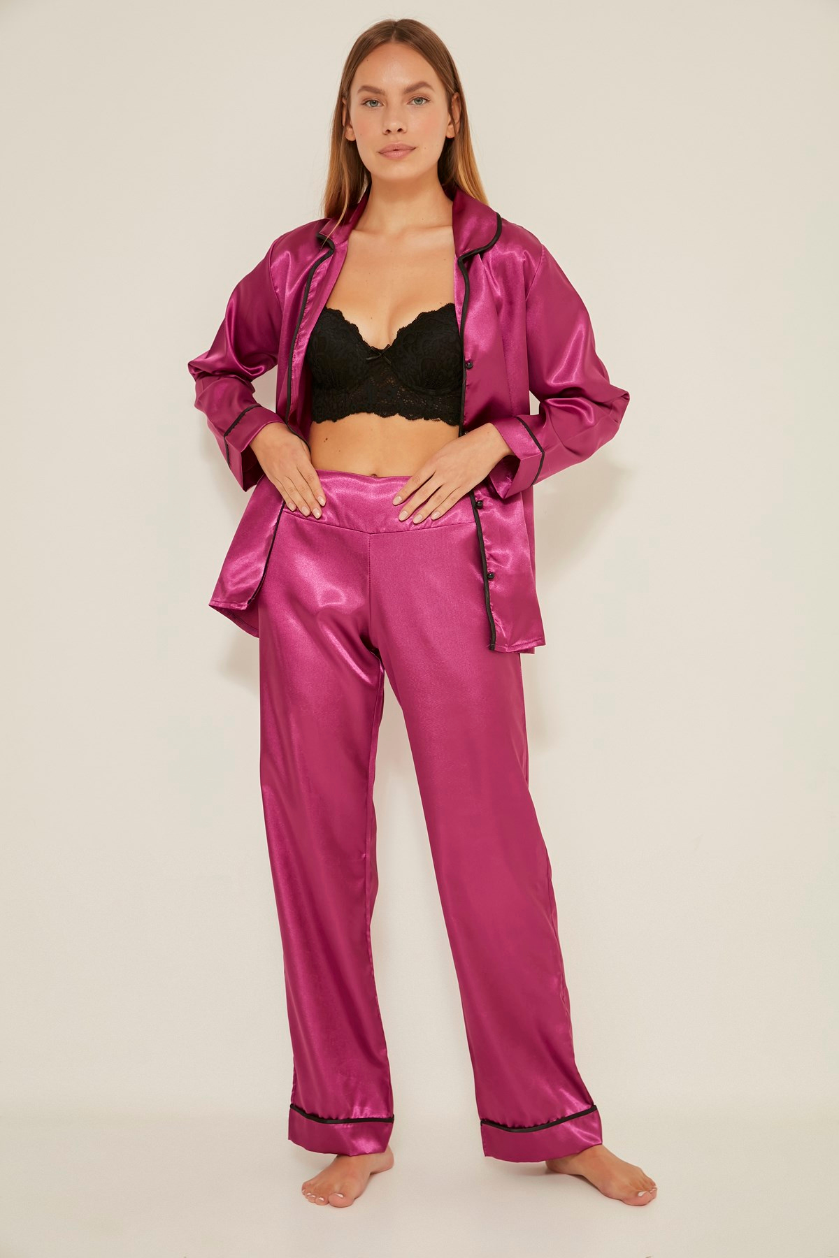 C&City 035 Kadın Saten Uzun Kol Pijama Takım Mor