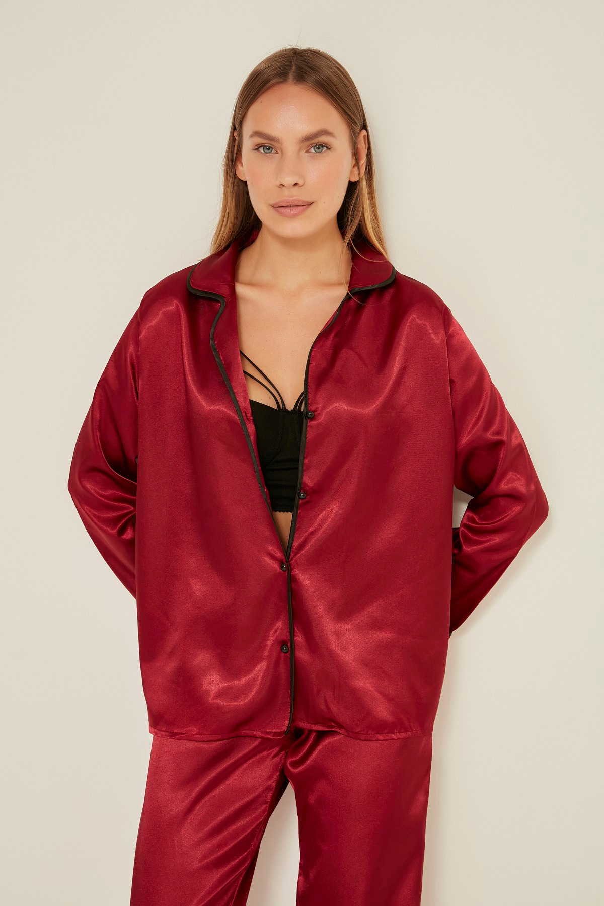 C&City 035 Kadın Saten Uzun Kol Pijama Takım Bordo