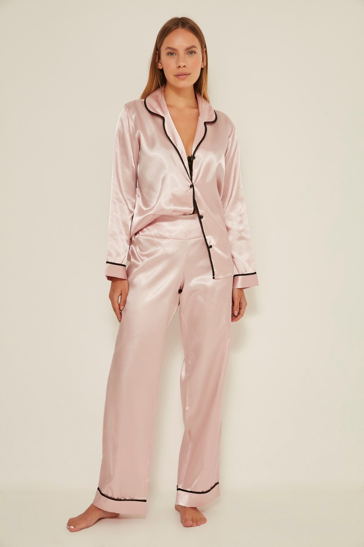 C&City 035 Kadın Saten Uzun Kol Pijama Takım Pudra