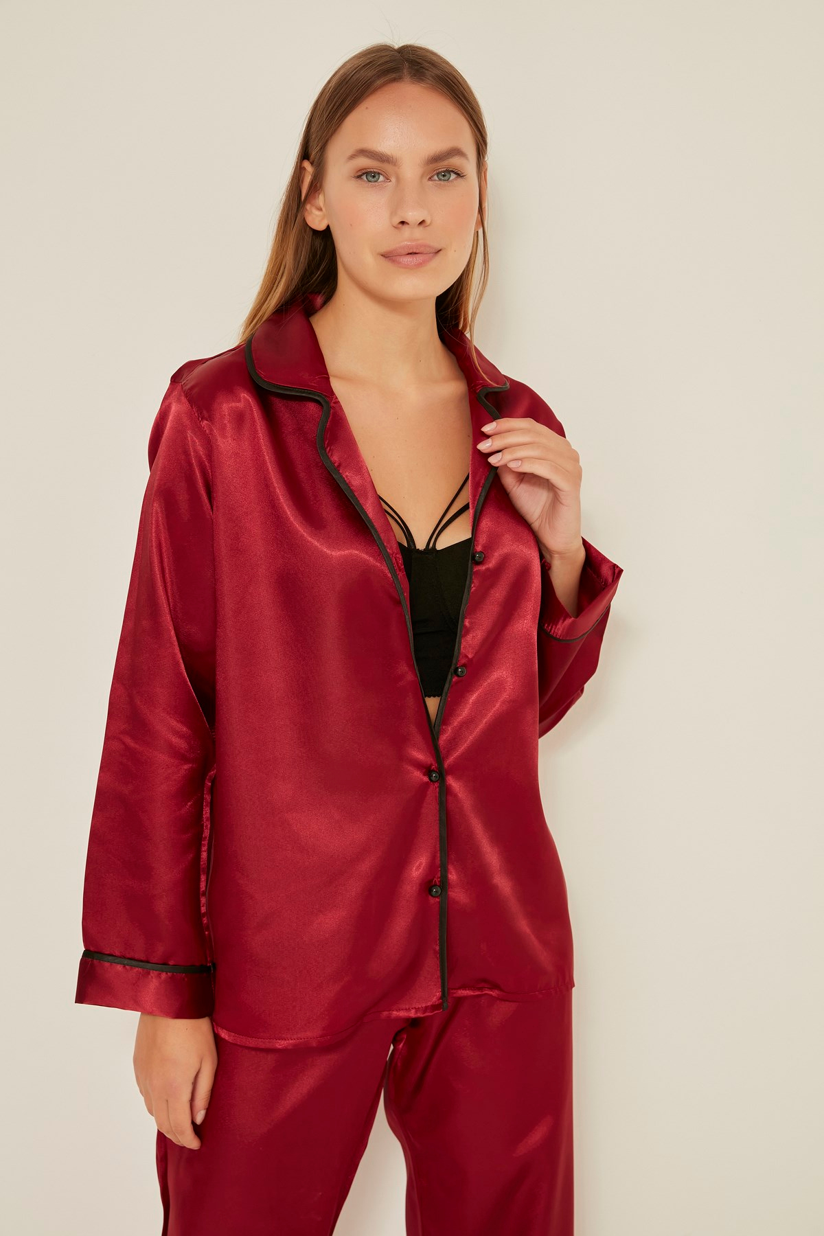 C&City 035 Kadın Saten Uzun Kol Pijama Takım Bordo