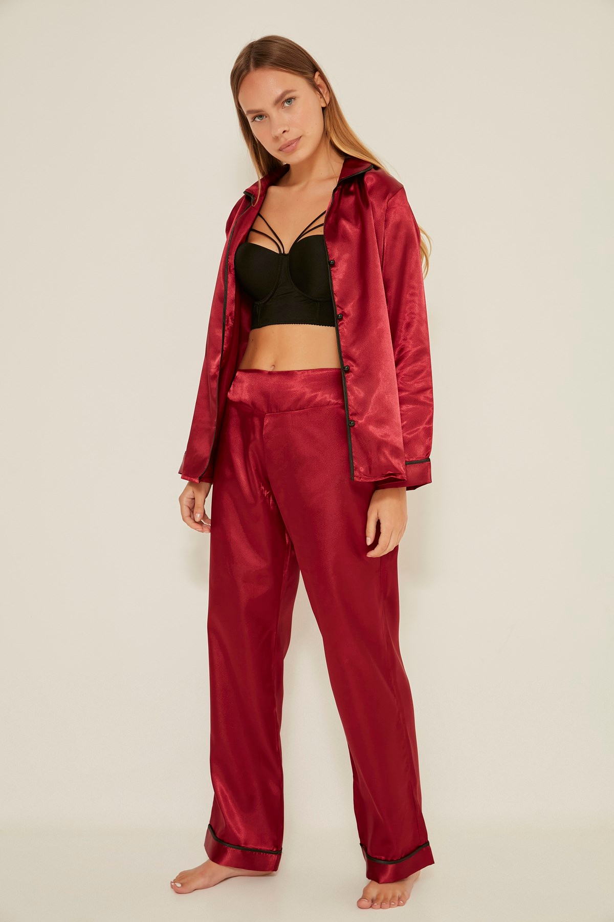 C&City 035 Kadın Saten Uzun Kol Pijama Takım Bordo