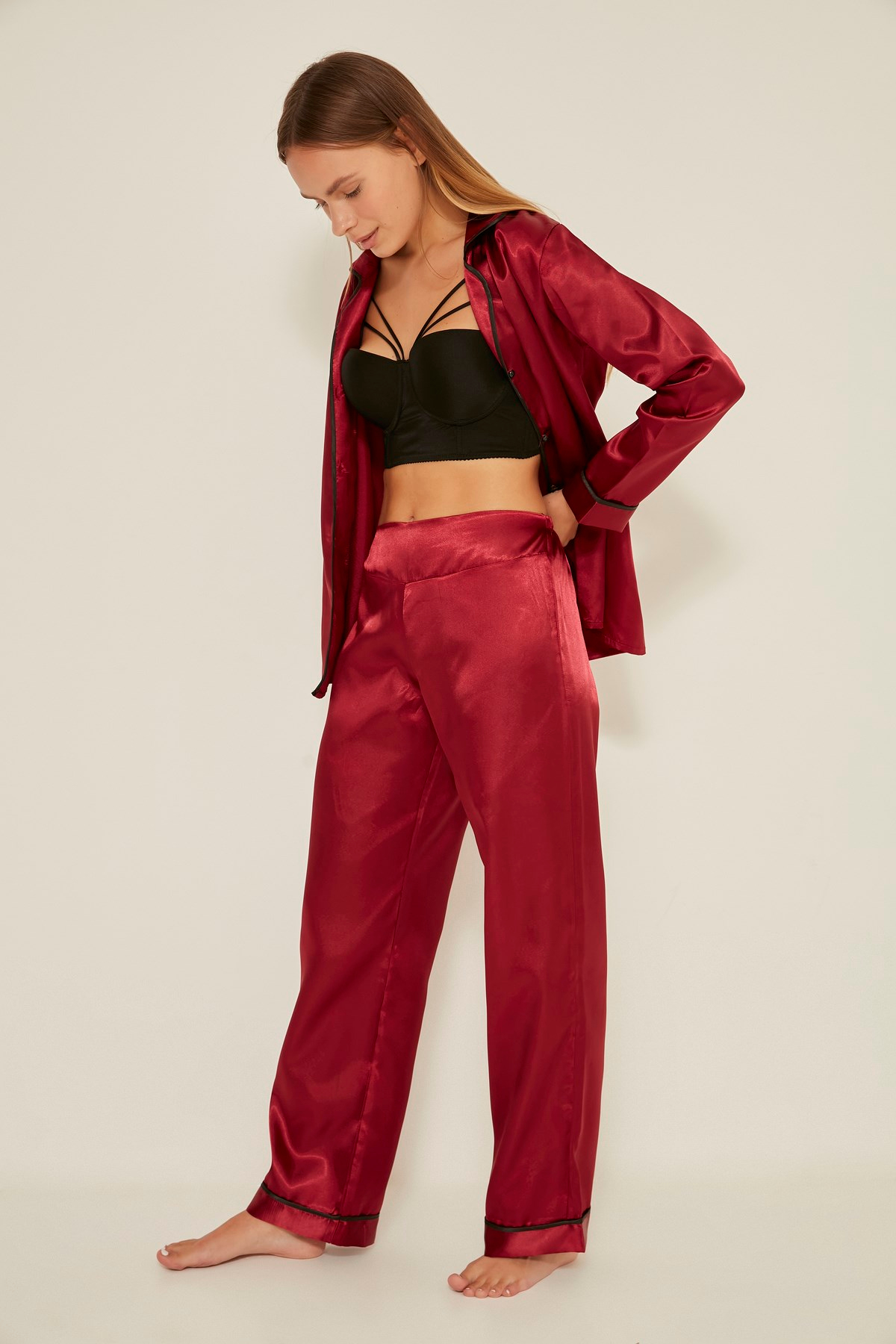 C&City 035 Kadın Saten Uzun Kol Pijama Takım Bordo