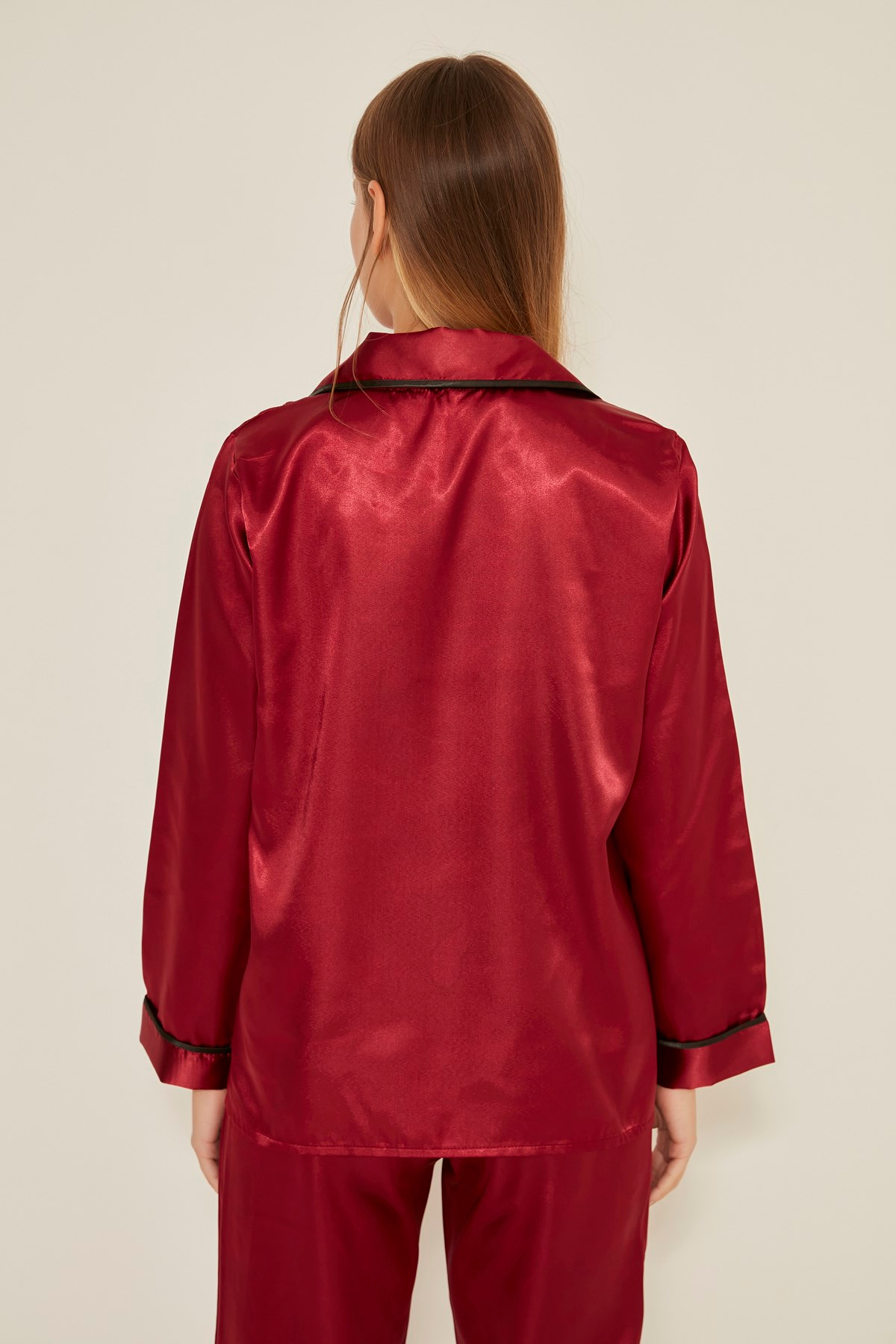 C&City 035 Kadın Saten Uzun Kol Pijama Takım Bordo