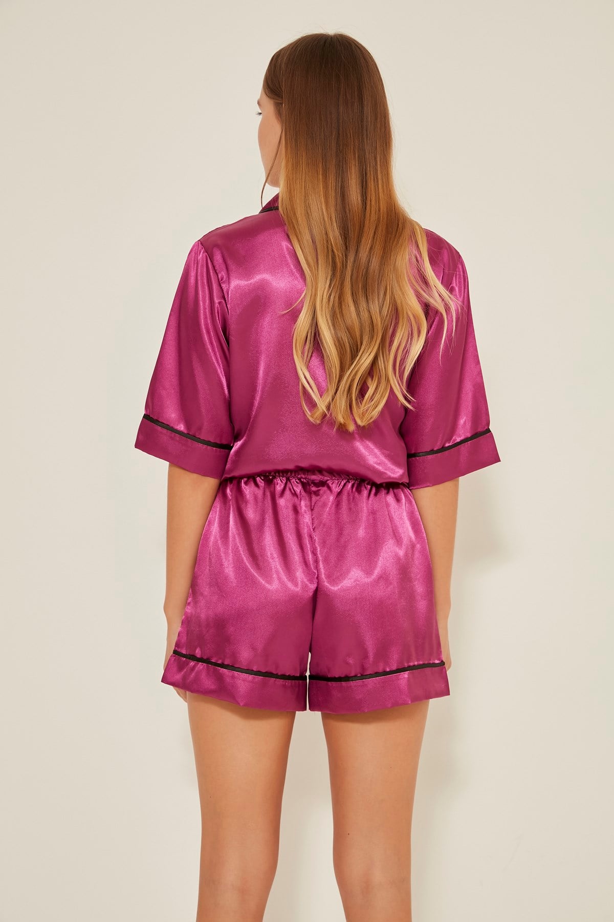 C&City 040 Kadın Saten Kısa Kol Şortlu Pijama Takım Mor